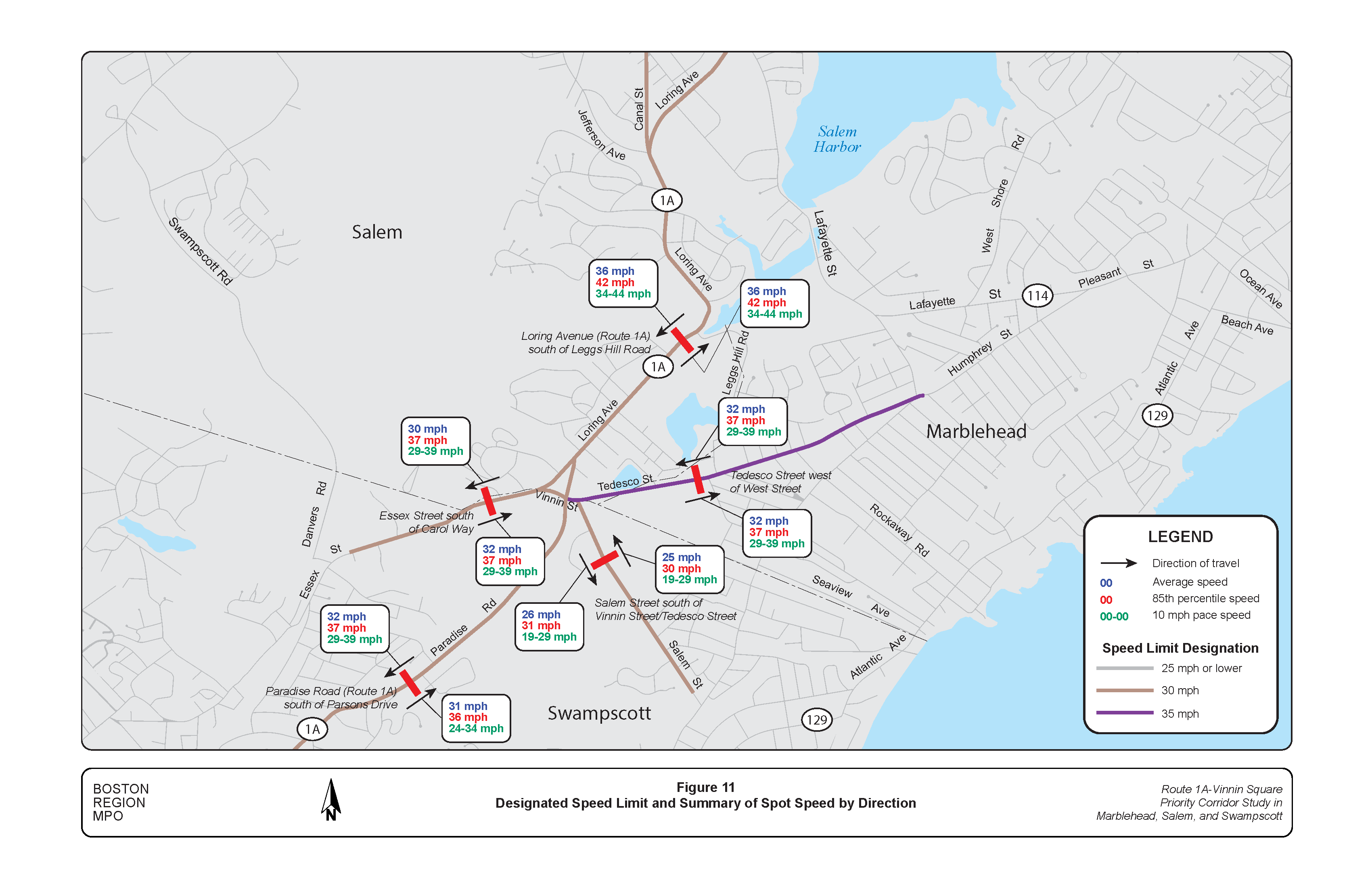 FIGURE 11. Designated Speed Limit and Summary of Spot Speed by Direction.Figure 11 is a map of roadways in the study area showing the designated speed limits and speed travelled.